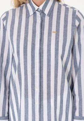 Kadın Lacivert Keten Karışımlı Çizgili Uzun Kollu Tunik  Gömlek - 50299305006