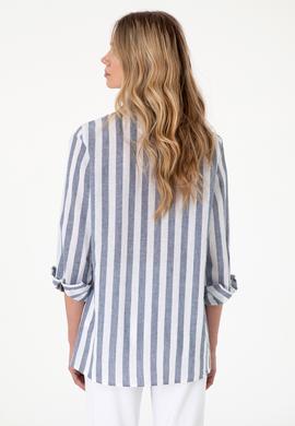 Kadın Lacivert Keten Karışımlı Çizgili Uzun Kollu Tunik  Gömlek - 50299305006