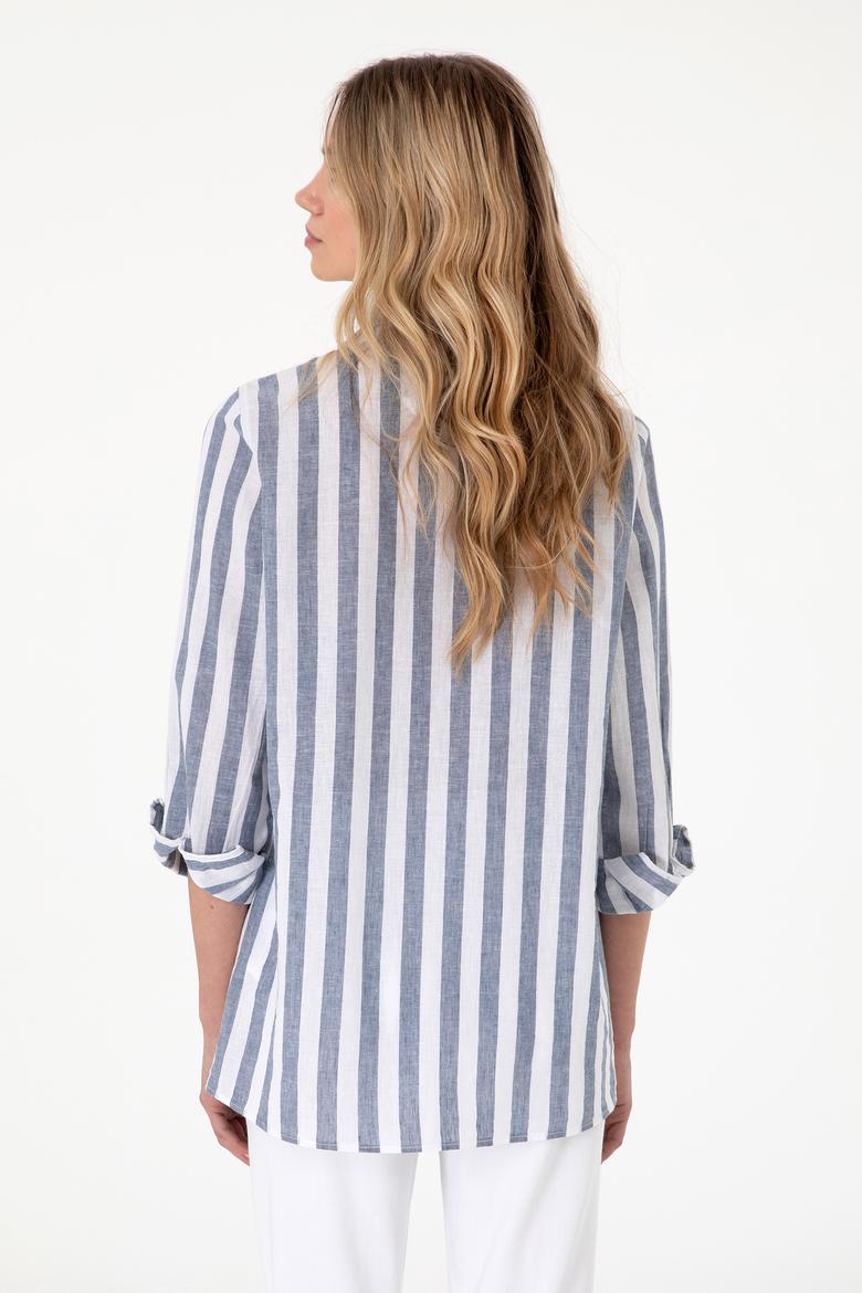 Kadın Lacivert Keten Karışımlı Çizgili Uzun Kollu Tunik  Gömlek - 50299305006