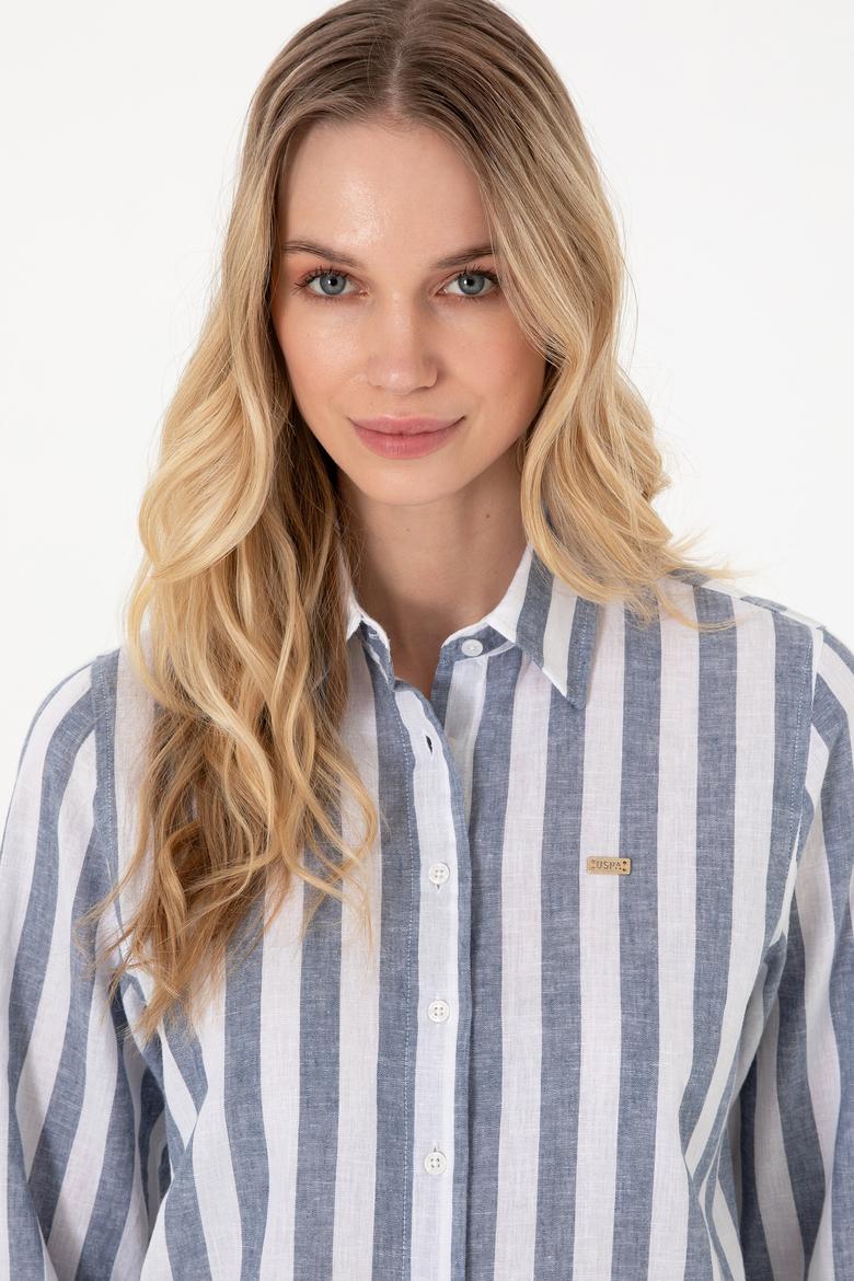 Kadın Lacivert Keten Karışımlı Çizgili Uzun Kollu Tunik  Gömlek - 50299305006
