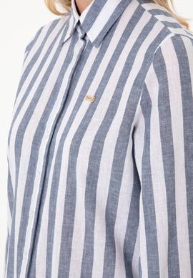 Kadın Lacivert Keten Karışımlı Çizgili Uzun Kollu Tunik  Gömlek - 50299305006