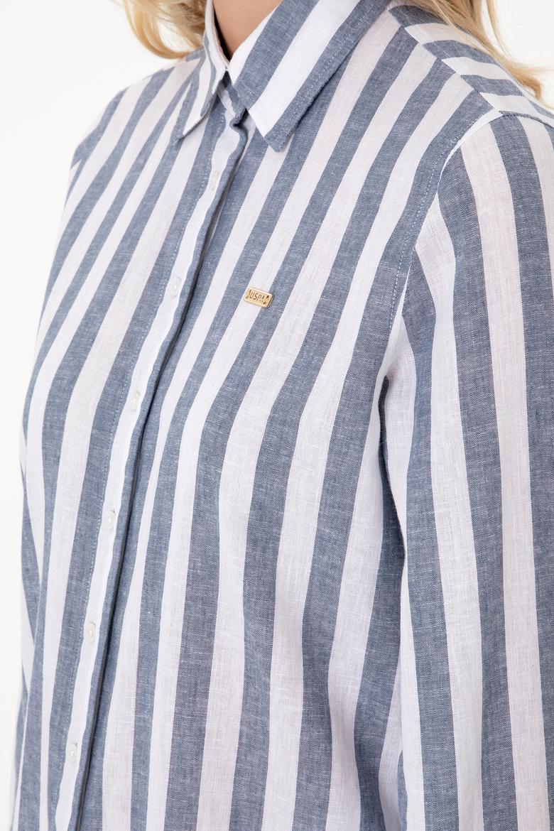 Kadın Lacivert Keten Karışımlı Çizgili Uzun Kollu Tunik  Gömlek - 50299305006