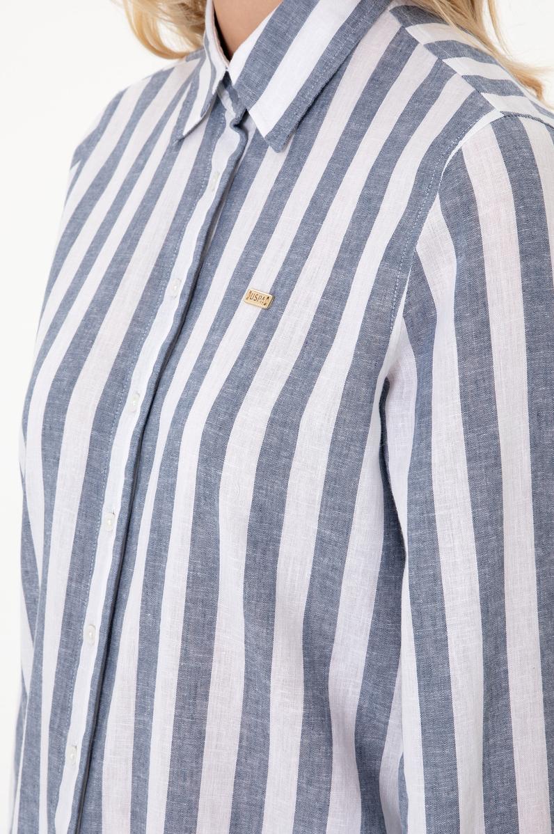 Kadın Lacivert Keten Karışımlı Çizgili Uzun Kollu Tunik  Gömlek