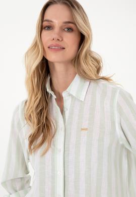 Kadın Su Yeşili Çizgili Keten Karışımlı Uzun Kollu Tunik  Gömlek - 50299305014