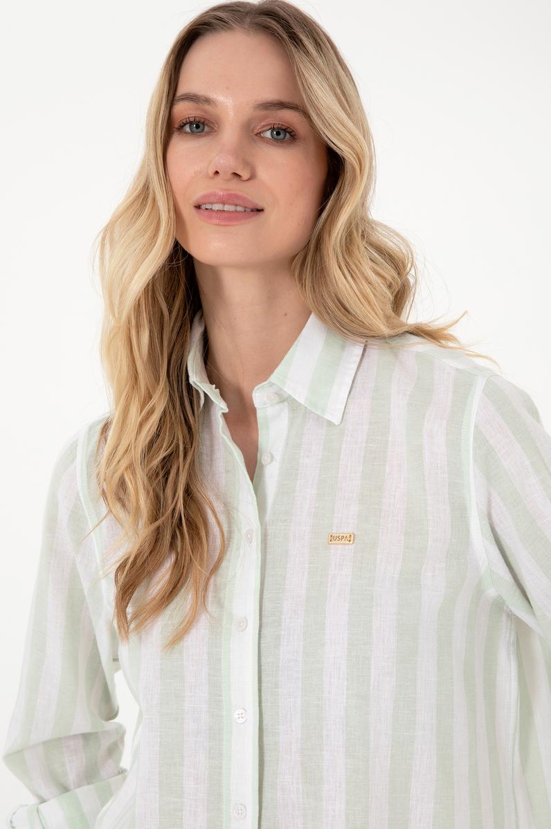 Kadın Su Yeşili Çizgili Keten Karışımlı Uzun Kollu Tunik  Gömlek