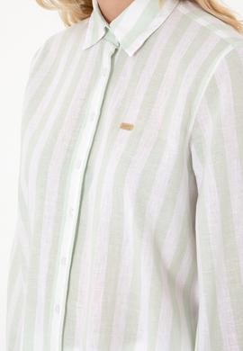 Kadın Su Yeşili Çizgili Keten Karışımlı Uzun Kollu Tunik  Gömlek - 50299305014