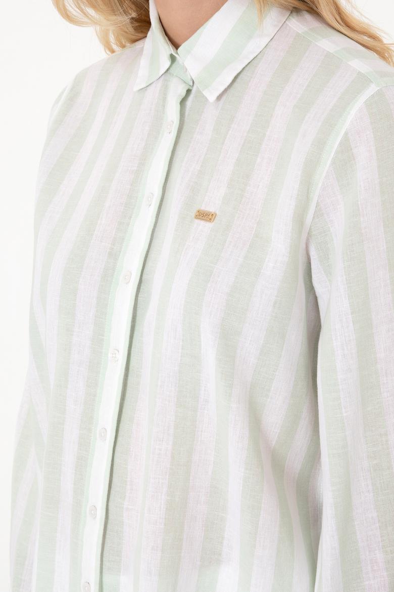 Kadın Su Yeşili Çizgili Keten Karışımlı Uzun Kollu Tunik  Gömlek - 50299305014