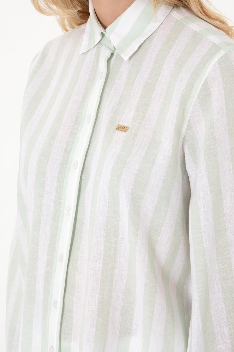 Kadın Su Yeşili Çizgili Keten Karışımlı Uzun Kollu Tunik  Gömlek