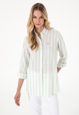 Kadın Su Yeşili Çizgili Keten Karışımlı Uzun Kollu Tunik  Gömlek - 50299305014