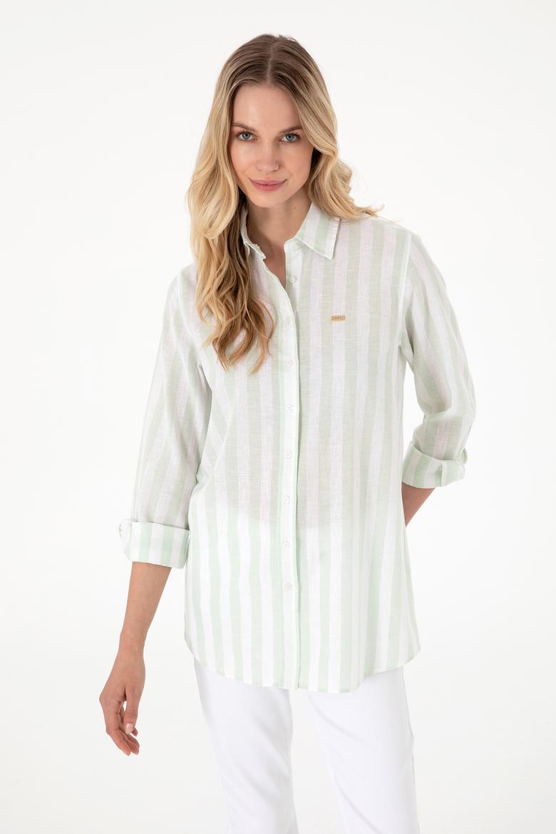 Kadın Su Yeşili Çizgili Keten Karışımlı Uzun Kollu Tunik  Gömlek - 50299305014