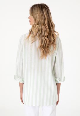 Kadın Su Yeşili Çizgili Keten Karışımlı Uzun Kollu Tunik  Gömlek - 50299305014