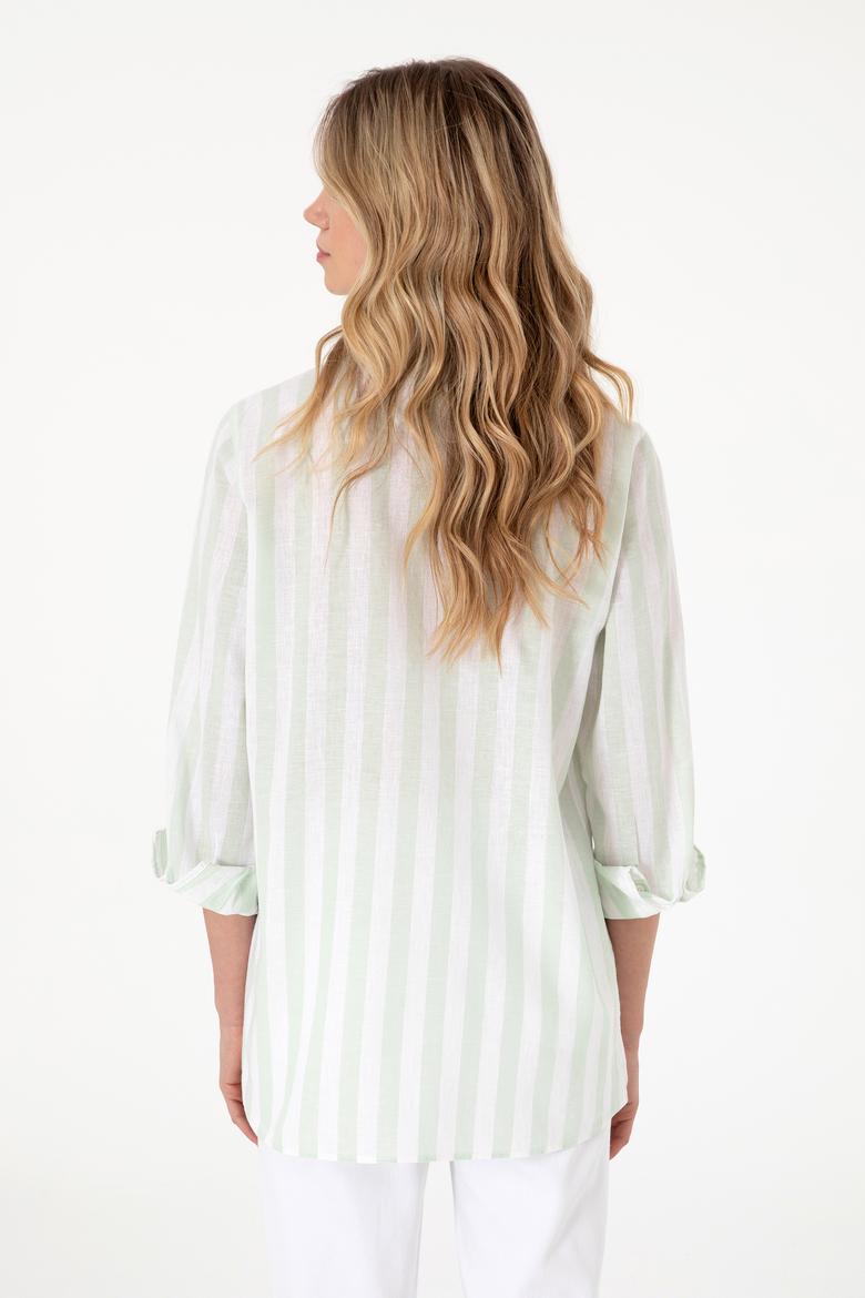 Kadın Su Yeşili Çizgili Keten Karışımlı Uzun Kollu Tunik  Gömlek - 50299305014