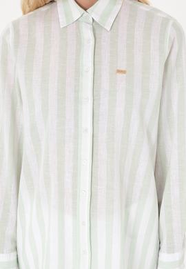 Kadın Su Yeşili Çizgili Keten Karışımlı Uzun Kollu Tunik  Gömlek - 50299305014