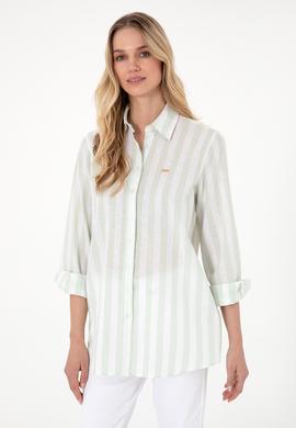 Kadın Su Yeşili Çizgili Keten Karışımlı Uzun Kollu Tunik  Gömlek - 50299305014