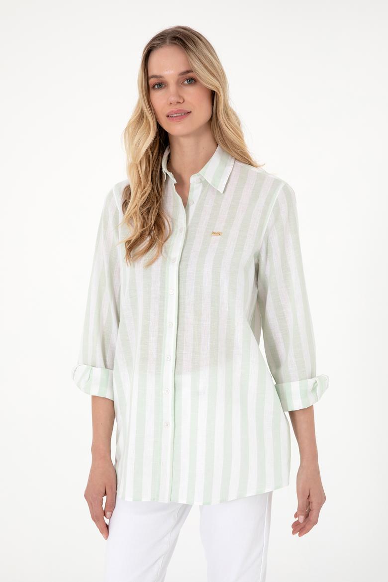 Kadın Su Yeşili Çizgili Keten Karışımlı Uzun Kollu Tunik  Gömlek