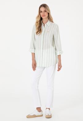 Kadın Su Yeşili Çizgili Keten Karışımlı Uzun Kollu Tunik  Gömlek - 50299305014