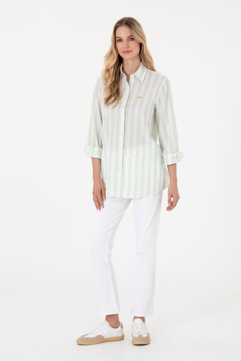 Kadın Su Yeşili Çizgili Keten Karışımlı Uzun Kollu Tunik  Gömlek - 50299305014