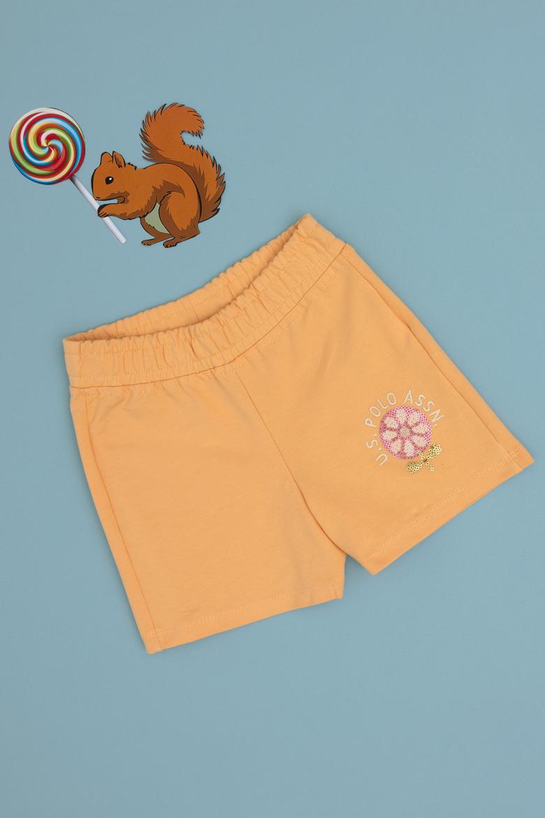 Kız Çocuk Turuncu Payetli Çiçek İşlemeli Örme Şort - 50301011020