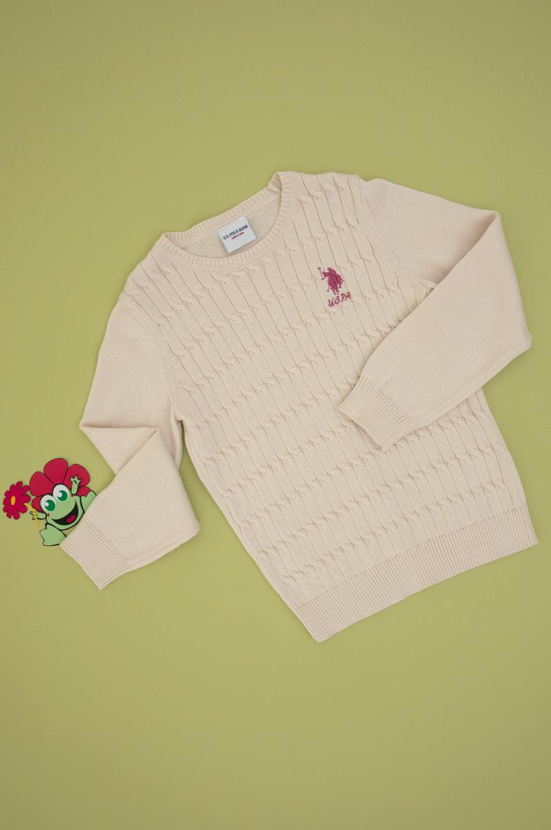 Kız Çocuk Krem Bisiklet Yaka Basic Kazak