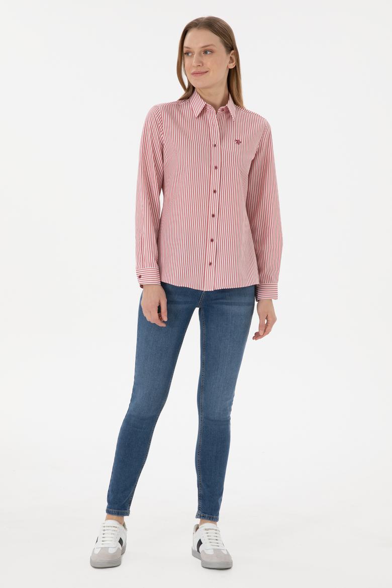 Kadın Vişne Çizgili Uzun Kollu Gömlek - 50306407021