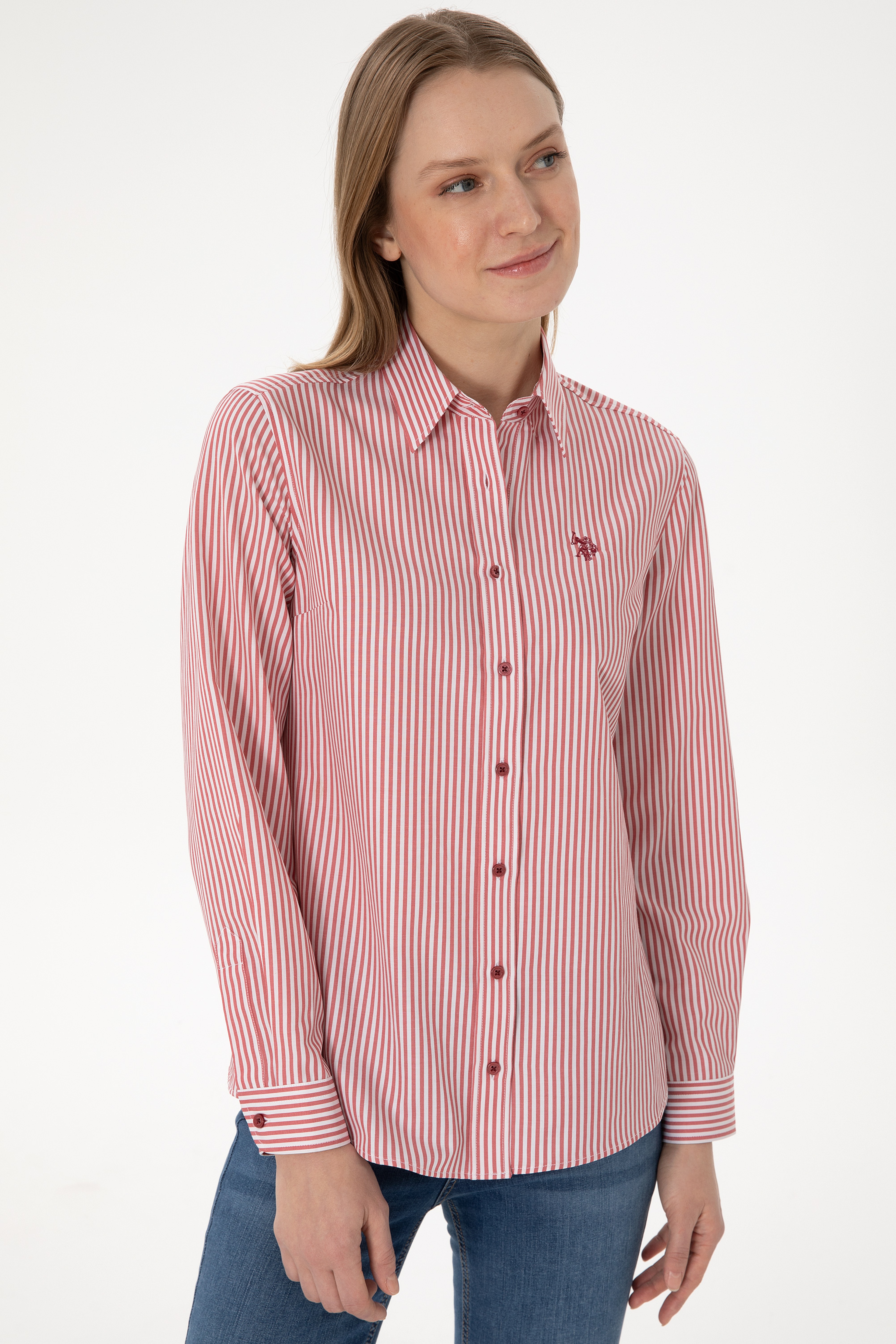 Kadın Vişne Çizgili Uzun Kollu Gömlek - Image 3