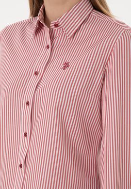 Kadın Vişne Çizgili Uzun Kollu Gömlek - 50306407021