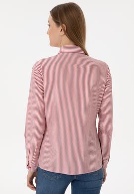 Kadın Vişne Çizgili Uzun Kollu Gömlek - 50306407021