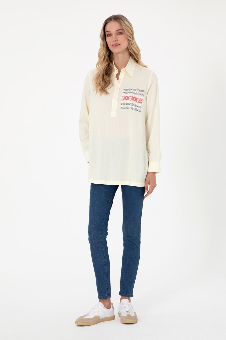 Kadın Krem Uzun Kollu Tunik Gömlek - 50306439011