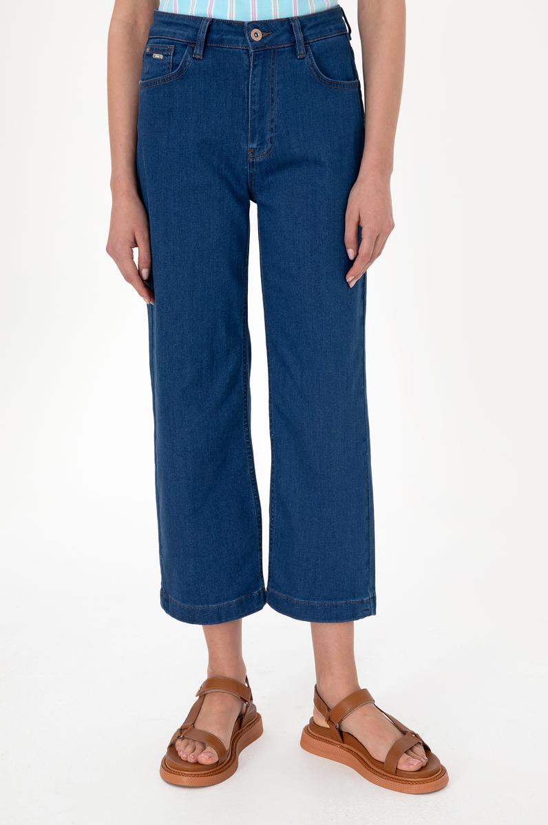 Kadın Mavi Loose Cropped Fit Jean Pantolon