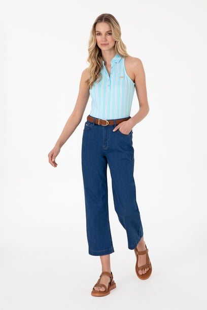 Kadın Mavi Loose Cropped Fit Jean Pantolon