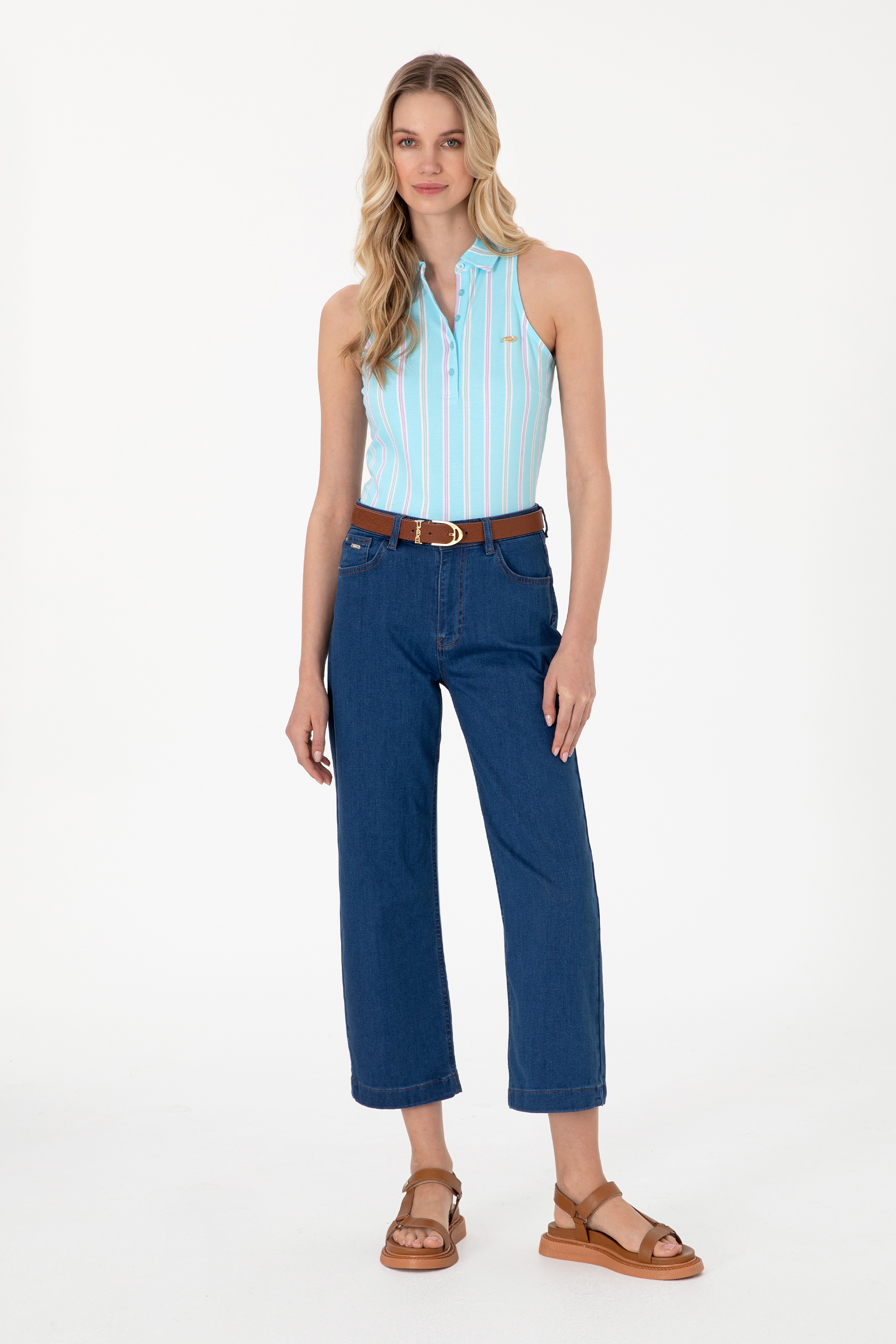Kadın Mavi Loose Cropped Fit Jean Pantolon - Image 1