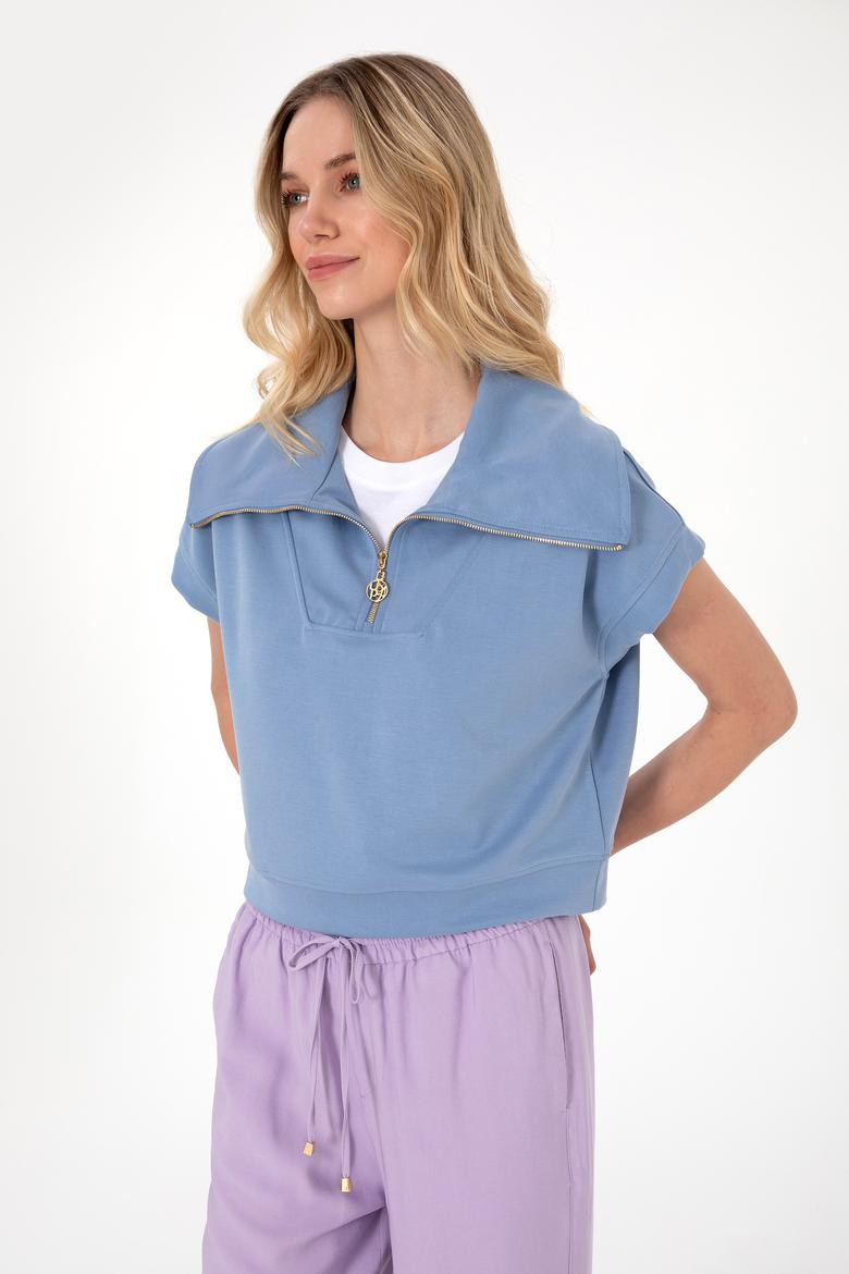 Kadın Mavi Modal Karışımlı Polo Yaka Tişört - 50300738007