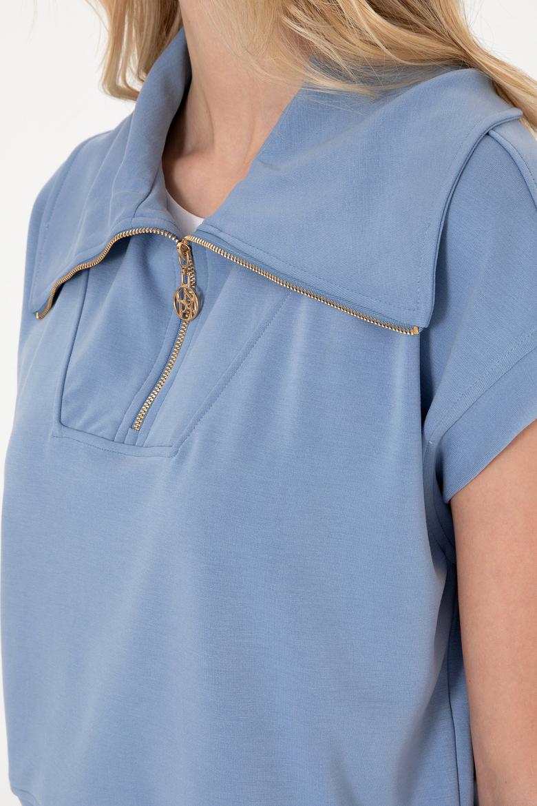 Kadın Mavi Modal Karışımlı Polo Yaka Tişört - 50300738007