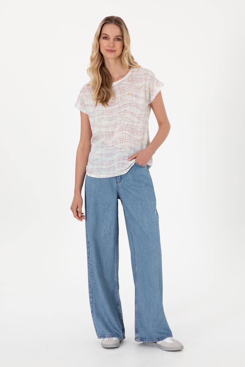 Kadın Lila Desenli Bisiklet Yaka Tişört - 50300783003