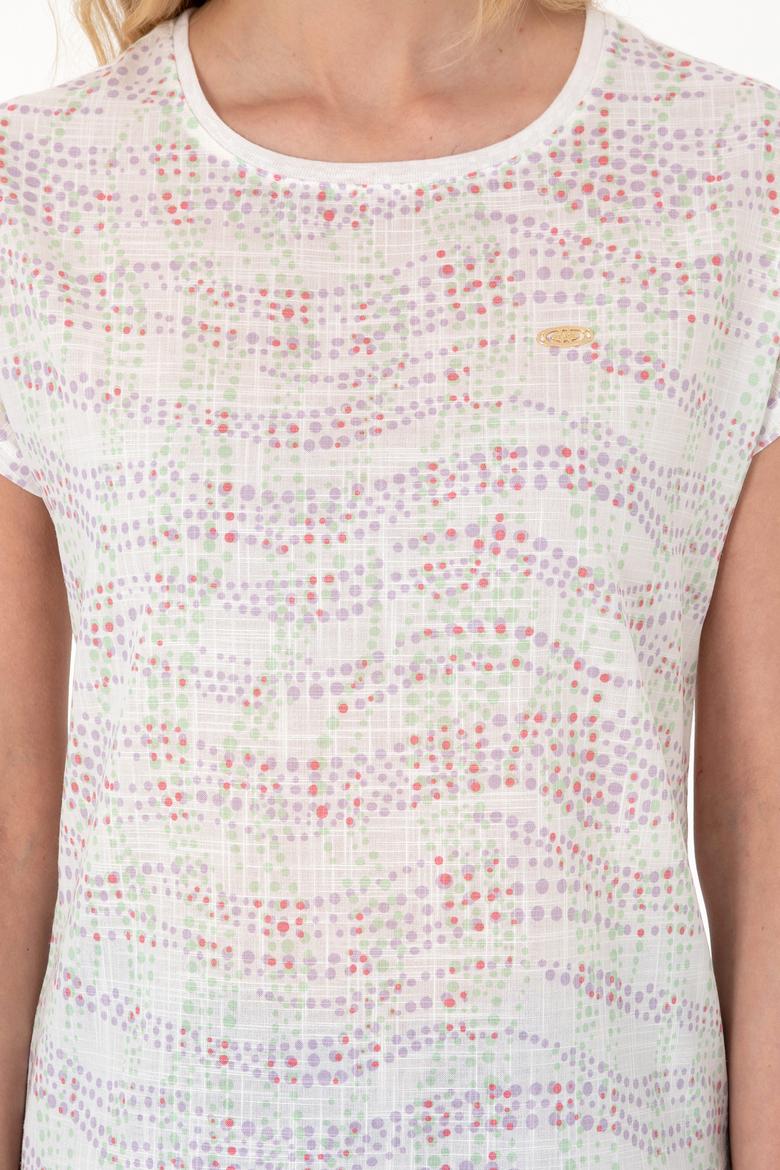 Kadın Lila Desenli Bisiklet Yaka Tişört - 50300783003