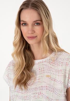 Kadın Lila Desenli Bisiklet Yaka Tişört - 50300783003