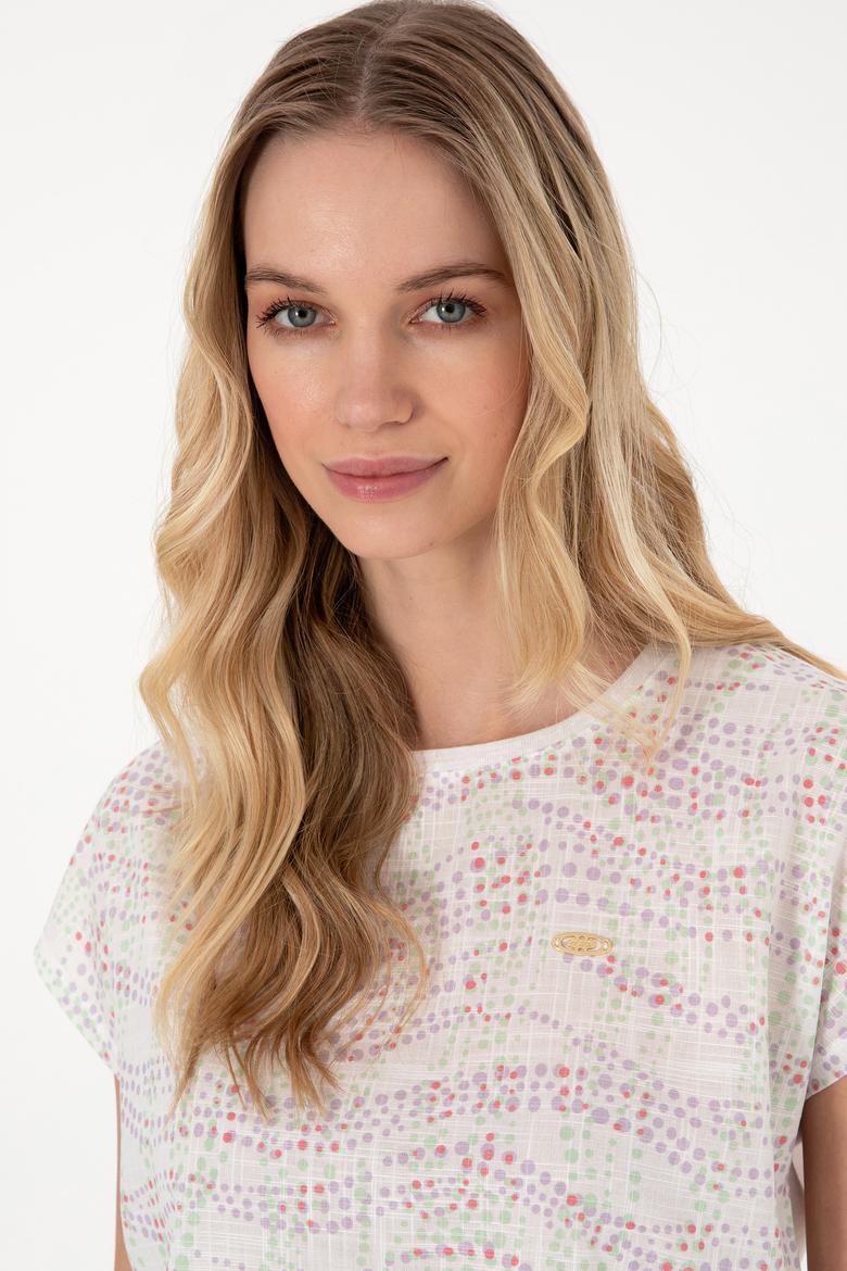 Kadın Lila Desenli Bisiklet Yaka Tişört - 50300783003