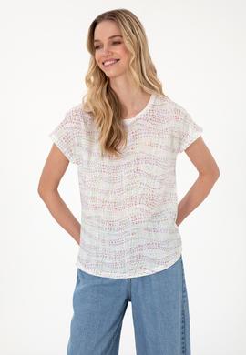 Kadın Lila Desenli Bisiklet Yaka Tişört - 50300783003