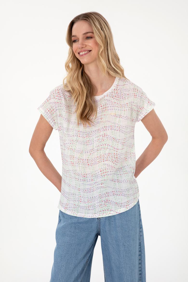 Kadın Lila Desenli Bisiklet Yaka Tişört - 50300783003