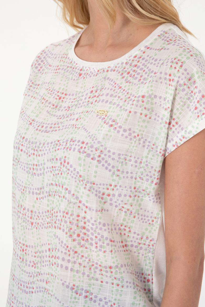 Kadın Lila Desenli Bisiklet Yaka Tişört - 50300783003