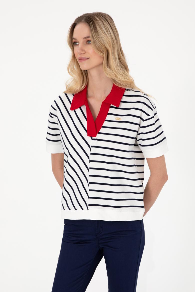 Kadın Lacivert Çizgili Polo Yaka Tişört - 50300771005