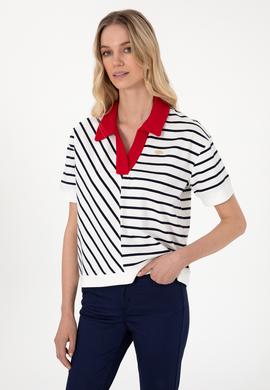 Kadın Lacivert Çizgili Polo Yaka Tişört - 50300771005