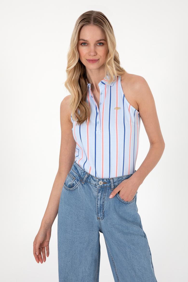 Kadın Açık Mavi Kolsuz Polo Yaka Tişört