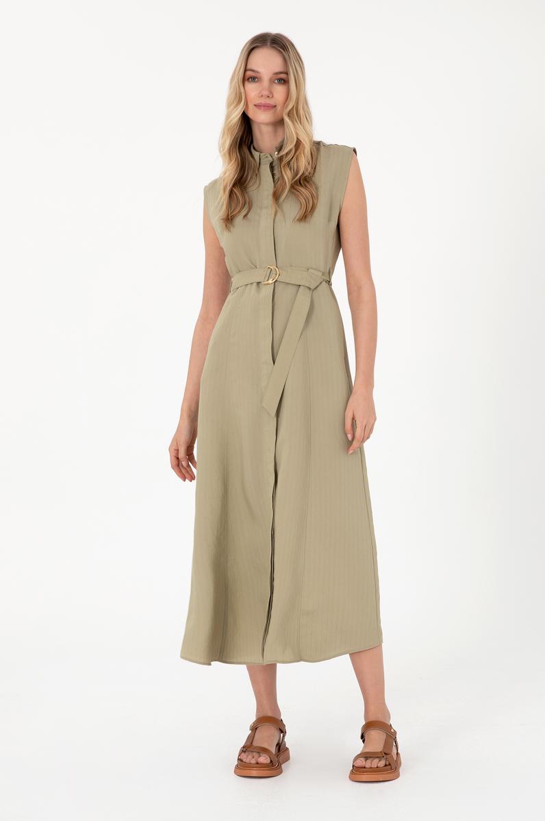 Kadın Açık Haki Midi Boy Dokuma Elbise