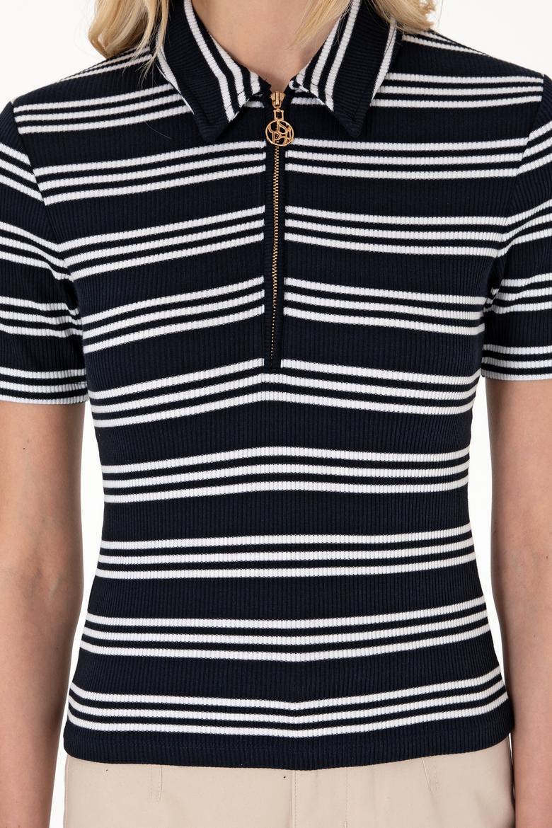 Kadın Lacivert Çizgili Polo Yaka Tişört - 50300774014
