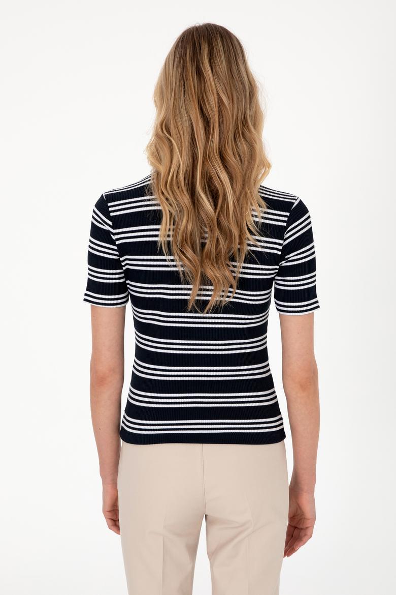 Kadın Lacivert Çizgili Polo Yaka Tişört - 50300774014