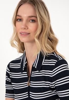 Kadın Lacivert Çizgili Polo Yaka Tişört - 50300774014