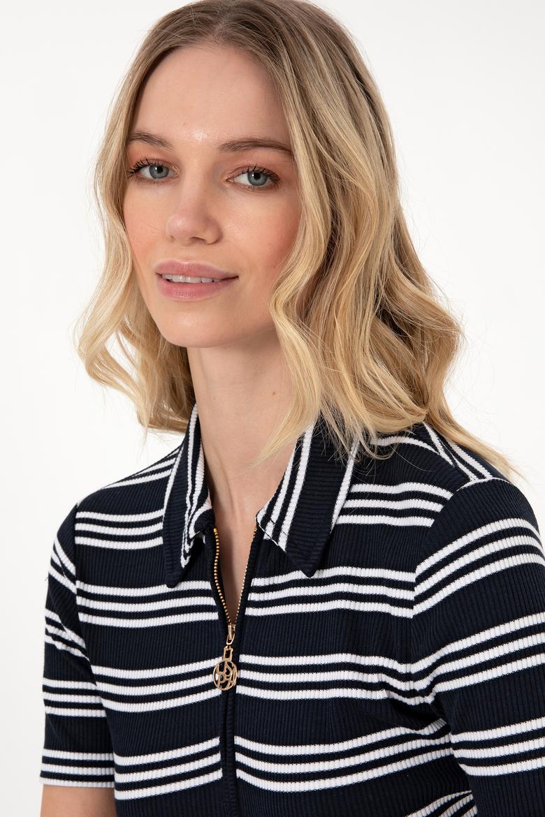 Kadın Lacivert Çizgili Polo Yaka Tişört - 50300774014