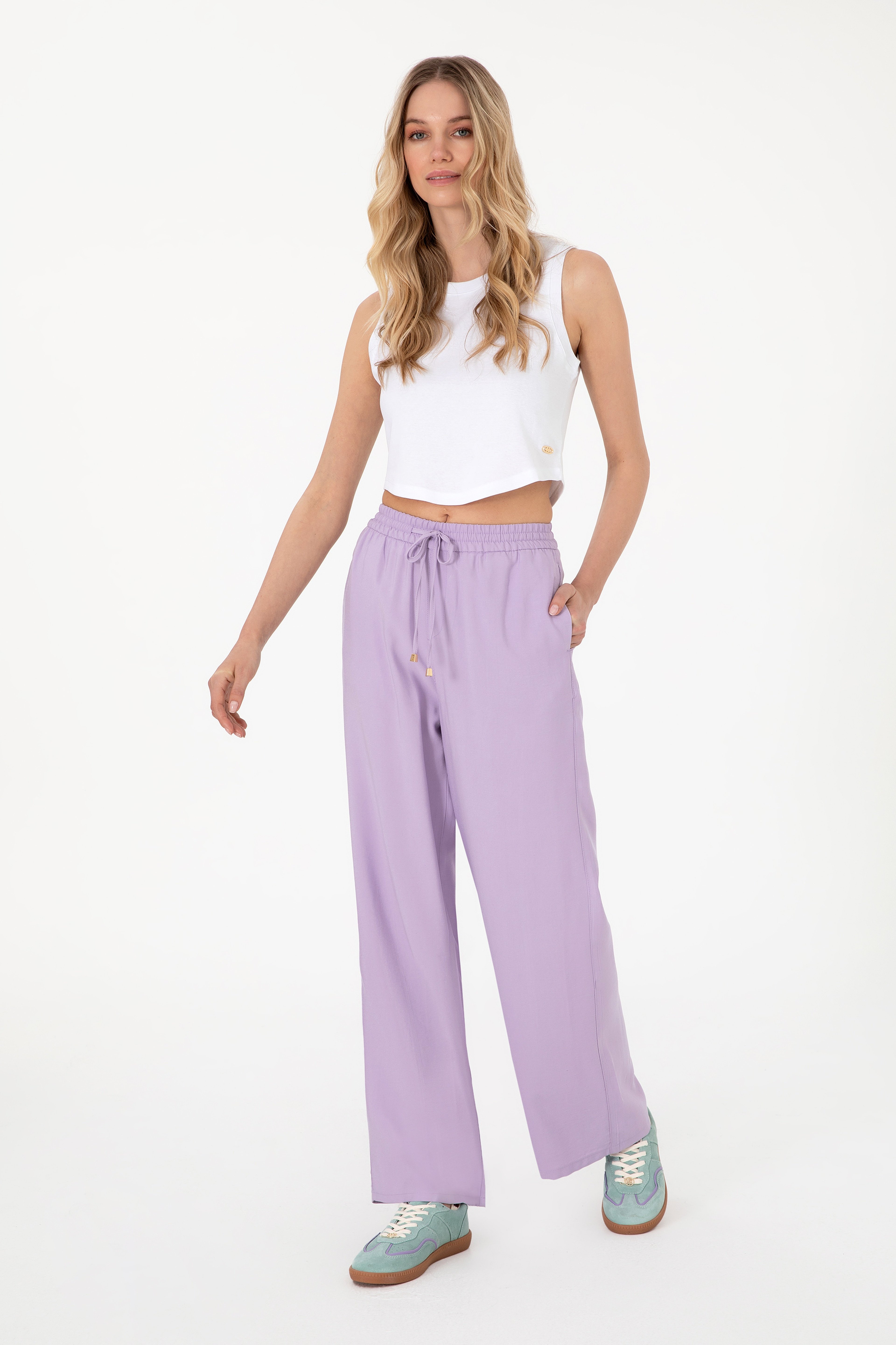 Kadın Lila Loose Relax Fit Kanvas Pantolon - Image 3