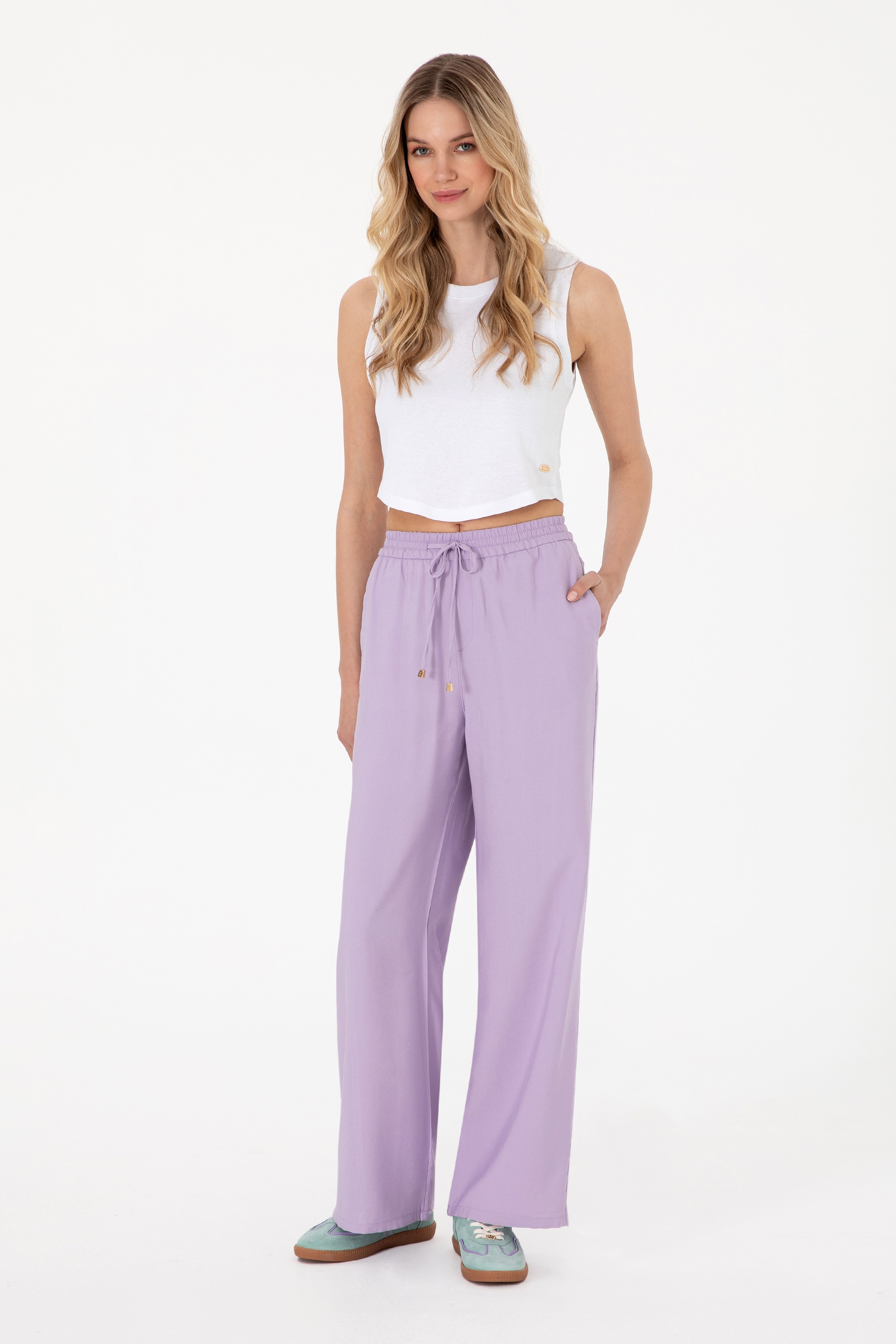 Kadın Lila Loose Relax Fit Kanvas Pantolon - Image 1